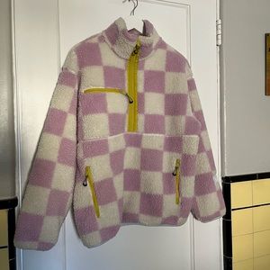 Pink and white checkered monty sherpa pullover
